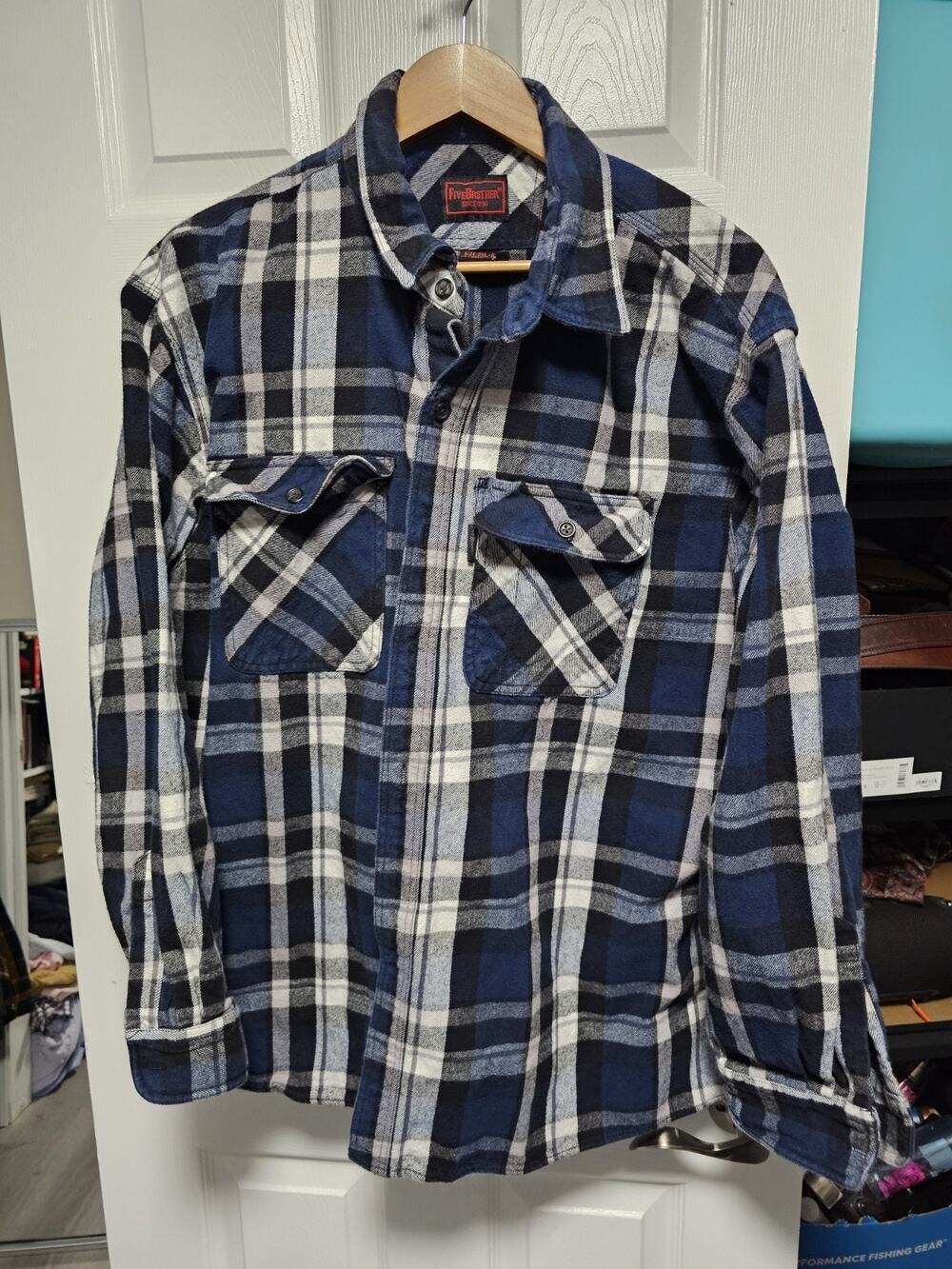 Five Brothers Mens Long Sleeve Blue Flannel Shirt 2XL-R Plaid 100% Cotton USA